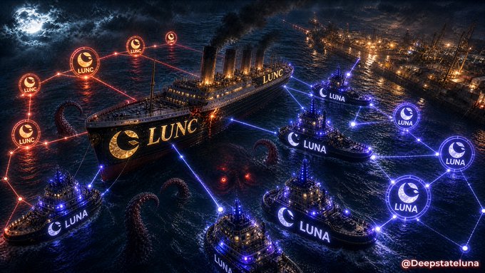 A dramatic digital artwork showing the Titanic surrounded by glowing 'LUNC' and 'LUNA' cryptocurrency ship icons connected by glowing network lines, watermarked '@Deepstateluna'.