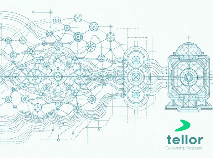 A light blue technical blueprint-style illustration featuring intricate circuitry and mechanical elements on a white background, with the 'tellor Censorship Resistant' logo in the bottom right corner.