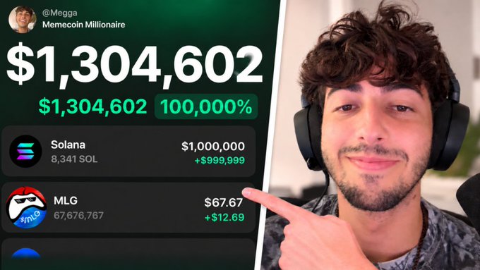 A smiling young man wearing headphones points at a portfolio screen showing $1,304,602 total gains under the username "@Megga" (Memecoin Millionaire), highlighting a Solana investment worth $1,000,000 and an MLG position at $67.67, visually illustrating the massive meme coin profits referenced in the post.