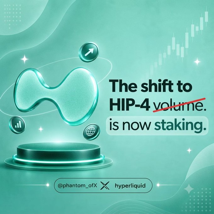 A promotional graphic for Hyperliquid featuring a teal infinity-like symbol and text reading 'The shift to HIP-4 volume is now staking,' with 'volume' crossed out in red, credited to @phantom_ofX and hyperliquid.