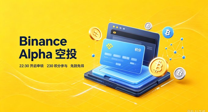 Yellow promotional graphic for "Binance Alpha" featuring Chinese text "空投" (airdrop), Chinese characters "积分" (points), and illustrations of cryptocurrency coins floating around a digital card.