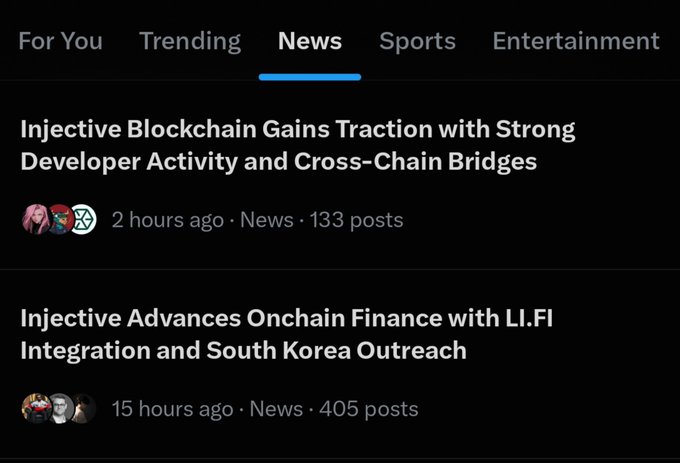 A screenshot of a news app's News tab showing two articles: 'Injective Blockchain Gains Traction with Strong Developer Activity and Cross-Chain Bridges' and 'Injective Advances Onchain Finance with LI.FI Integration and South Korea Outreach'.