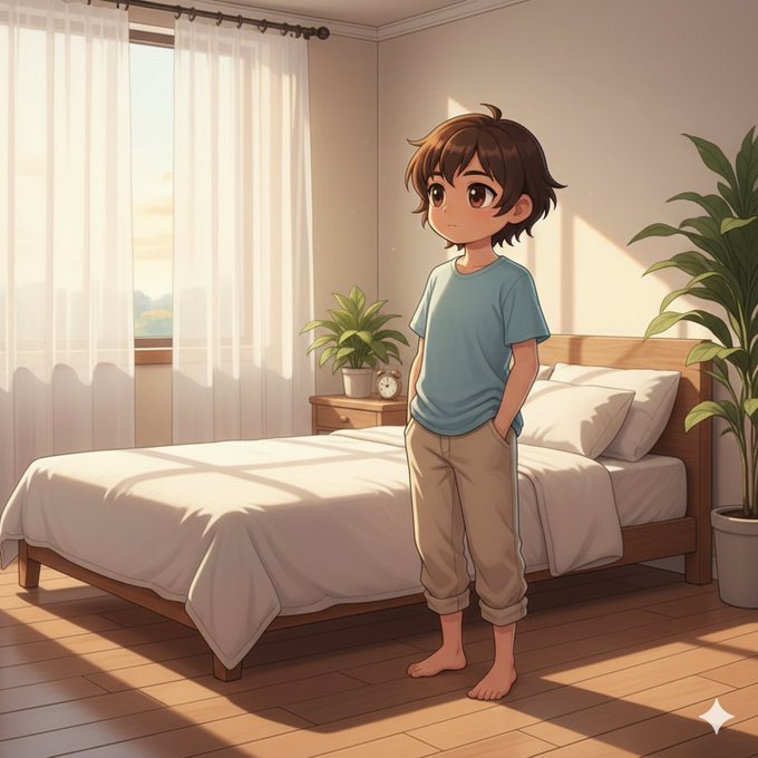 The image features a boy standing in front of a bed, wearing a blue shirt and khaki pants. The room has white walls and a window that allows natural light into the space. There are also two potted plants in the room - one on each side of the bed. The overall atmosphere appears to be calm and serene, with the boy standing near the center of the image.