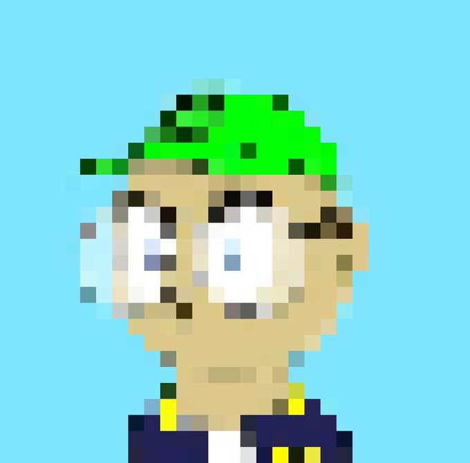 A highly pixelated cartoon portrait of a person with green hair, wide eyes, and a blue jacket against a light blue background.