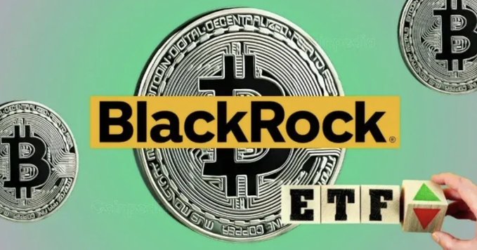 A graphic shows the "BlackRock" logo over a large Bitcoin coin, with wooden blocks spelling "ETF" being arranged with an up arrow, set against a teal background.