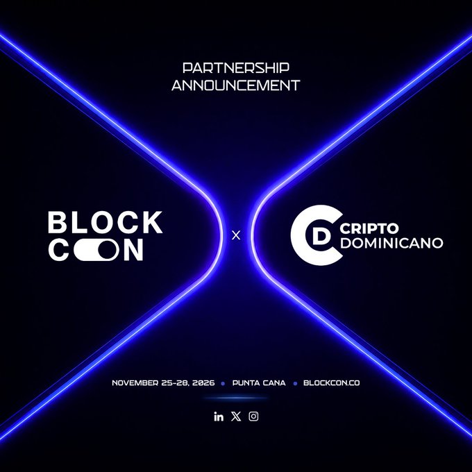 A 'Partnership Announcement' graphic for BLOCKCON x CRIPTO DOMINICANO, dated 'November 25-26, 2026 • Punta Cana'.