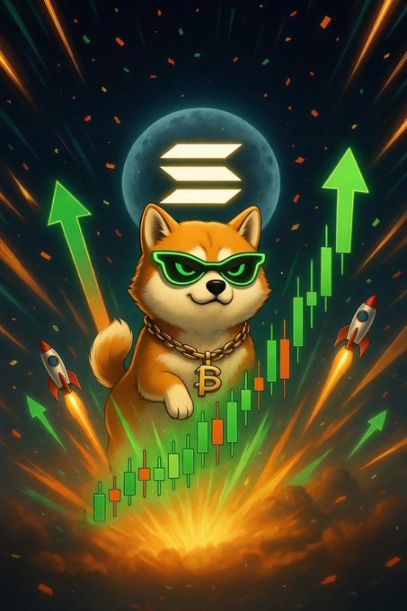 Stylized illustration of a Shiba Inu dog wearing green sunglasses and a Bitcoin chain, surrounded by green upward arrows, rockets, and candlestick charts against a moonlit background.