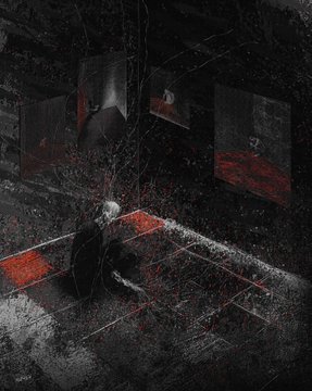 A dark, abstract digital piece with red accents, showing a person sitting in a dimly lit, gridded room surrounded by screens displaying red-hued landscapes.