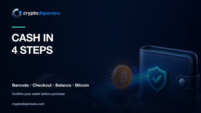 A promotional graphic for cryptodispensers advertising 'CASH IN 4 STEPS' with the process described as Barcode, Checkout, Balance, Bitcoin, featuring an illustration of a Bitcoin coin and a digital wallet.