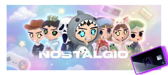 A colorful banner for 'NOSTALGIO' featuring chibi-style cartoon characters in hoodies and a smartphone with a neon purple outline against a pastel sky background.