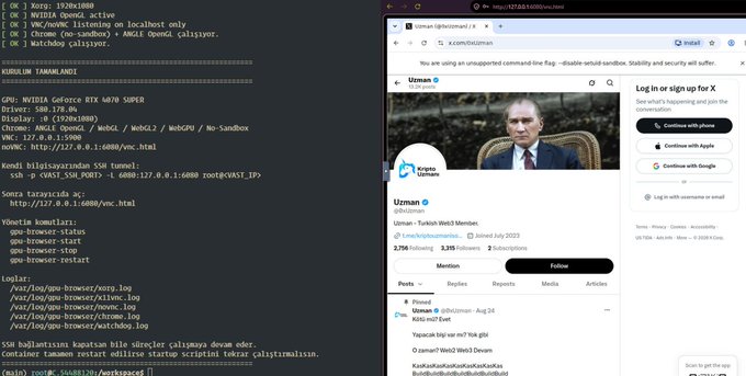 A split-screen showing a Kali Linux terminal session with boot logs on the left and a web browser displaying the Uzman cryptocurrency website with an "unsupported command line flag" error message on the right.