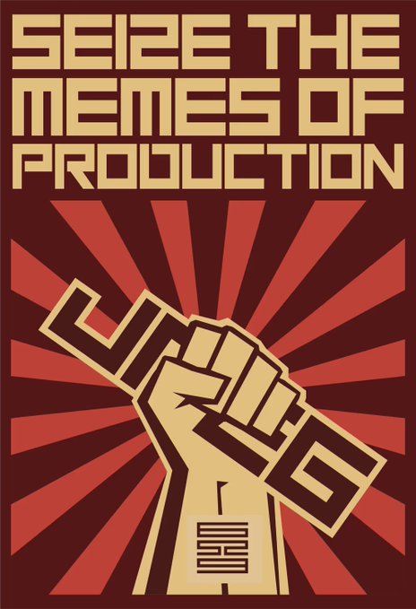 A bold propaganda-style poster featuring a raised fist gripping a chain against a red sunburst background, with the text "SEIZE THE MEMES OF PRODUCTION" prominently displayed at the top. The image is one of the recognizable "SeizeJPGs" from The Memes collection by @punk6529, as referenced in the accompanying post celebrating its addition to the poster's NFT collection.