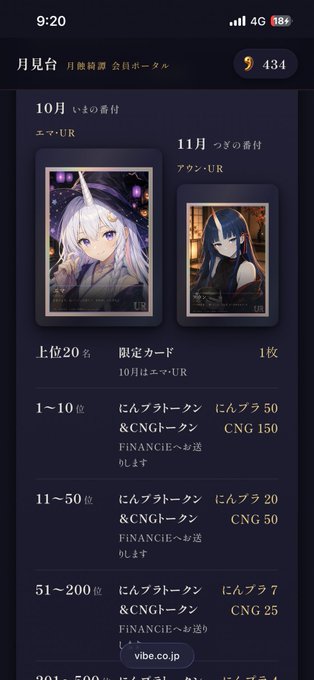 A Japanese app interface titled '月見貢' showing monthly rankings ('10月 つきUM' and '11月') with character cards and reward tiers including 'にんプラトークン' and 'CNGトークン'.