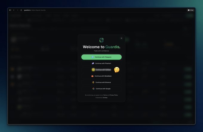 Screenshot of the Guardis Alpha Signals Guards website login page offering sign-in options via Telegram, Phantom, MetaMask, Binance, and Google.