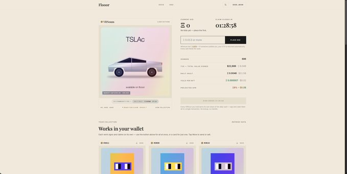 Screenshot of a crypto NFT website 'Floor' displaying a 'TSLAC' token artwork featuring a car illustration, with current bid shown as 0.028258 ETH (≈$32.68) and a 23% platform fee.
