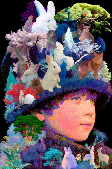 A surreal, colorful digital artwork featuring a human face emerging from a chaotic landscape filled with rabbits, deer, and trees.