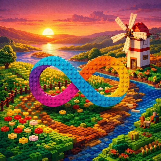 A vibrant Lego landscape features a colorful rainbow infinity symbol made of Lego bricks set in a field of flowers, with a windmill, river, and sunset in the background.