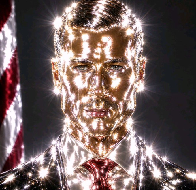 An American flag in the background with a sparkling gold figure with an American flag tie, symbolizing the ultimate patriotic flex of "ricking" it instead of showing profits.