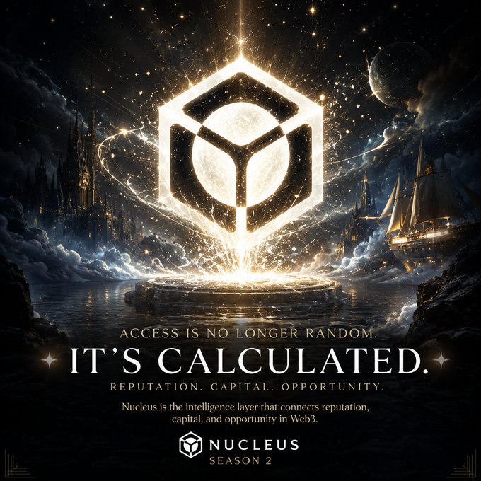 A glowing hexagonal "Nucleus" logo hovers over a mystical seascape featuring a sailing ship and castle, with the tagline "Access is no longer random. It's calculated. Reputation. Capital. Opportunity." promoting Nucleus Season 2 as the intelligence layer connecting reputation, capital, and opportunity in Web3—visually tying maritime RWAs to accessible onchain infrastructure.