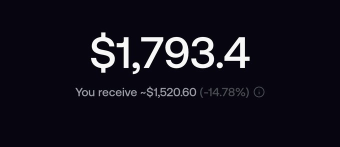 The image displays a trading fee breakdown showing a transaction value of $1,793.40, from which the user receives only ~$1,520.60 due to a -14.78% deduction. This visually illustrates the post's frustration about the surprisingly high trading fees cutting into the actual amount received on the FOMO platform.