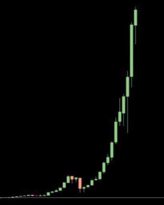 A candlestick chart displaying a steep, near-vertical upward price trend composed of green (bullish) candles with a few small red (bearish) ones, representing the explosive and parabolic price action of the $PRINTER token. The chart visually mirrors the classic "hockey stick" meme format, which the post references when comparing it to the $PRINTER chart on dexscreener.