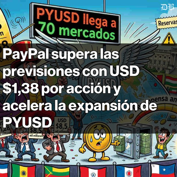 An illustrated financial news graphic in Spanish stating 'PayPal supera las previsiones con USD $1,38 por acción y acelera la expansión de PYUSD' with banners reading 'PYUSD llega a 70 mercados' and cartoon figures, coins, and flags.