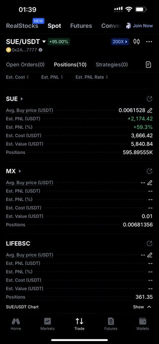 A trading app screenshot showing a SUE/USDT position with an estimated profit of +2,174.42 USDT (+59.3%) and a total value of 5,840.84 USDT.