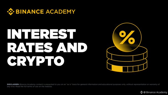 The image is a Binance Academy educational banner titled "INTEREST RATES AND CRYPTO," featuring a gold coin stack with a percent symbol on a black background, with a disclaimer noting it's for educational purposes only.

This ties into the post's financial guidance theme by introducing the concept of interest rates—suggesting beginners consider saving or earning interest on their salary rather than just spending it, using Binance Academy as a trusted educational resource.