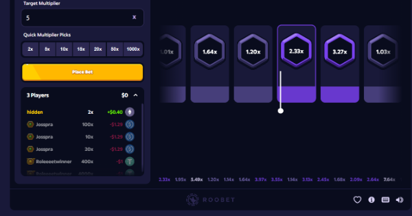 A screenshot of an online gambling game on Roobet showing a multiplier-based betting interface with a target multiplier of 5x and player statistics.