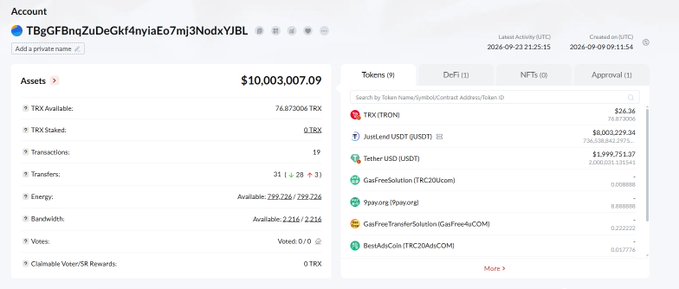 A screenshot of a blockchain account dashboard showing a total asset value of $10,003,007.09, with the account address starting 'TBgGF...', a balance of 76.673006k TRX, and various token holdings including TRX and USDT.