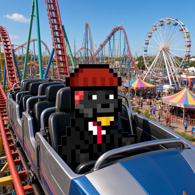 A pixel-art character wearing a red hat and dark coat riding a roller coaster, with a Ferris wheel, other coasters, and colorful carnival tents visible in the amusement park background.