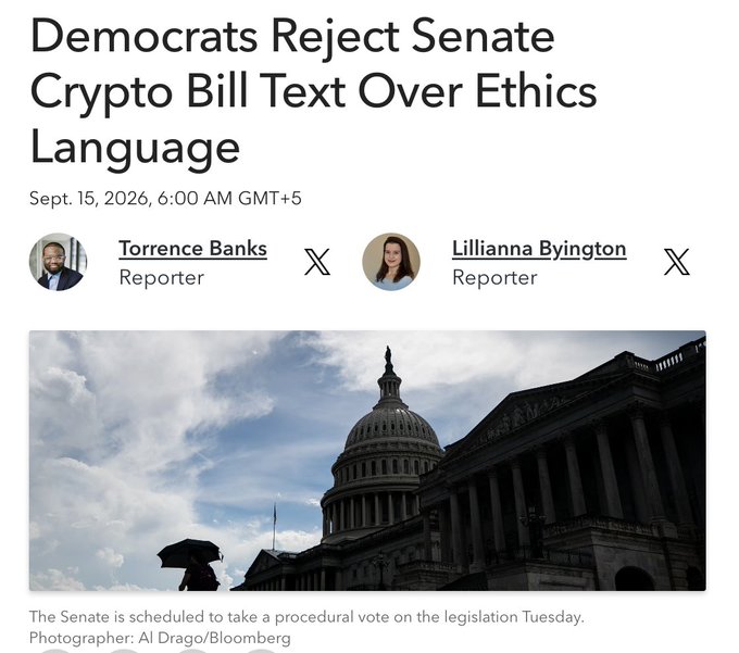 A Bloomberg news article dated September 15, 2026, headlined "Democrats Reject Senate Crypto Bill Text Over Ethics Language," reported by Torrence Banks and Lillianna Byington, features an image of the U.S. Capitol building with the article text referencing the Senate's scheduled procedural vote on the legislation (CLARITY Act), aligning with the post's news about Senate Democrats rejecting the bill's ethics provisions.