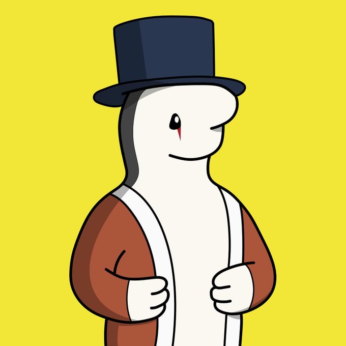 A cartoon figure with a white body, brown robe, and dark blue top hat smiles against a yellow background, fitting the playful vibe of the post about receiving a 1/1 NFT character from the @biwlsxyz collection.