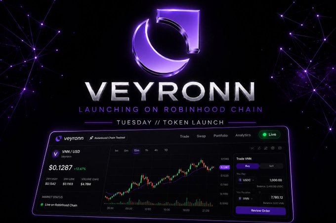 A promotional graphic announcing 'VEYRONN LAUNCHING ON ROBINHOOD CHAIN' on Tuesday, showing a token trading interface for VWN/USD with a price chart.