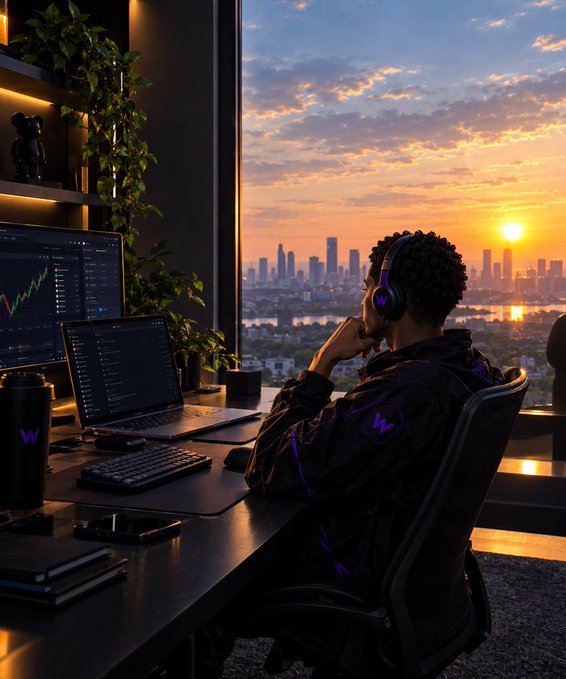 A digital illustration of a person with short curly hair wearing headphones and a dark jacket with purple accents, sitting at a desk with multiple monitors displaying financial charts, overlooking a city skyline at sunset.
