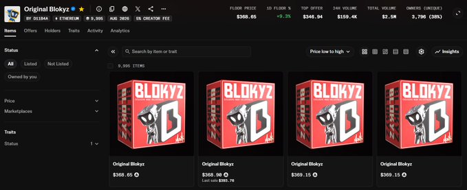 A screenshot of the OpenSea marketplace displaying the "Original Blokyz" NFT collection, with a floor price of $368.05, 9,995 items, and four listings shown at prices of $368.05, $369.15, and $369.15 — matching the user's excitement about a stable floor price between $350-$450 ahead of their upcoming reveal.