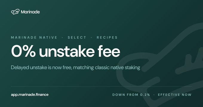 A Marinade Finance announcement promoting '0% unstake fee' for Marinade Native, Select, and Recipes, down from 0.2%, effective now at app.marinade.finance.