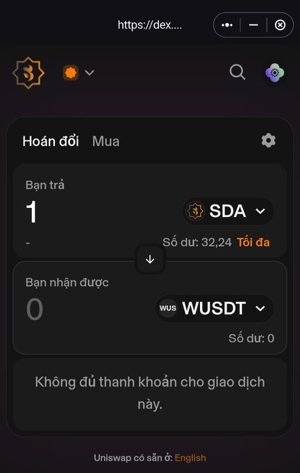 Screenshot of a Uniswap interface in Vietnamese showing an attempted swap of 1 SDA token for WUSDT, displaying an "insufficient balance for this transaction" error and a zero WUSDT balance. The image illustrates the post's concern about verified contracts like WUSDT, highlighting the lack of liquidity preventing a successful swap transaction.