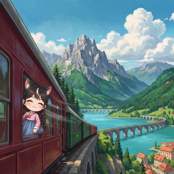 An anime-style illustration of a girl with cat ears leaning out of a red train window, traveling through a scenic mountainous landscape with a stone arched bridge over a turquoise lake.