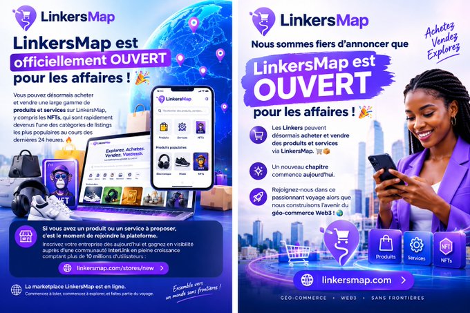 Two promotional posters in French announce that LinkersMap is officially open for business, featuring a globe, mobile app interface, and people shopping online.