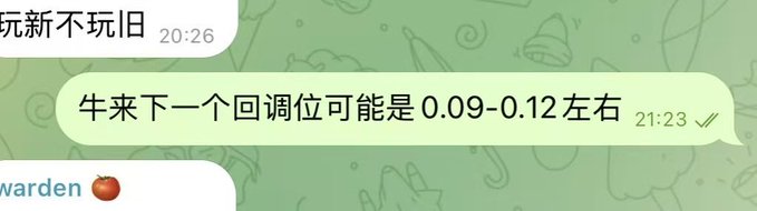 The image shows a chat screenshot featuring a message predicting a pullback range of 0.09-0.12 for 牛来 (Niu Lai), along with timestamps (20:26 and 21:23). This aligns with the accompanying post, which discusses how bull markets involve ups and downs, with pullbacks serving to shake out weak hands and rewarding those who maintain conviction rather than panicking at every dip.