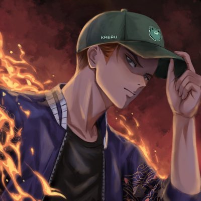 An anime-style illustration features a young man tipping his cap, with "KAERU" and a frog emblem visible on it, surrounded by fiery orange flames. The artwork connects to the Azuki NFT brand's "new look, same energy" message by giving the character a fresh, stylized redesign that retains the collection's bold, expressive vibe.