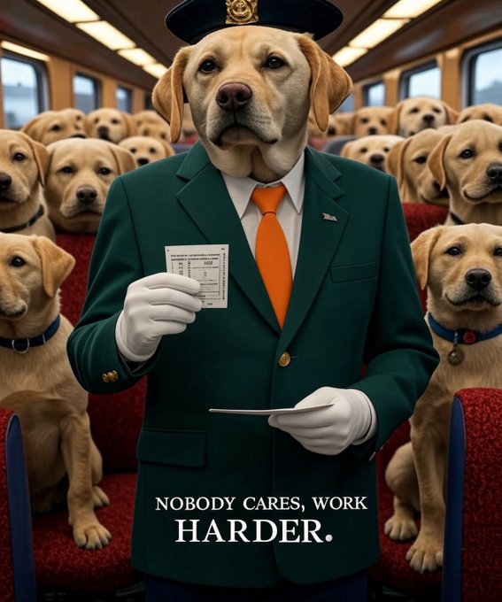 A motivational poster featuring a Labrador retriever dressed as a train conductor holding a ticket, with the text 'NOBODY CARES, WORK HARDER.'