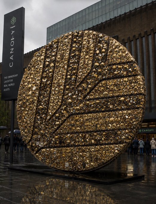 A large circular gold sculptural installation with a leaf design stands outside a Canopy building, accompanied by a sign reading 'CANOPY - THE OWNERSHIP LAYER FOR REAL WORLD ASSETS.'