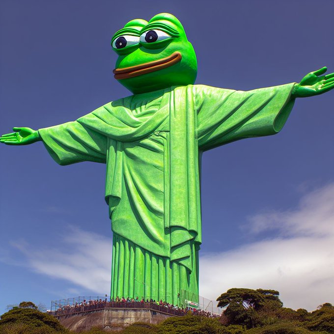 The Christ the Redeemer statue has been humorously edited to feature a giant green Pepe the Frog head in place of Jesus's face, with tourists gathered at its base.