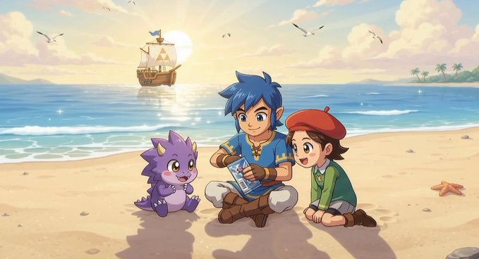 An anime-style illustration depicting two children and a small purple dragon-like creature sitting on a sandy beach, with the blue-haired boy holding a tablet, and a sailing ship visible on the ocean in the background under a sunset sky.