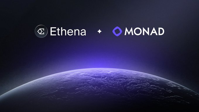 A promotional graphic featuring the Ethena and MONAD logos against a dark background with a glowing purple planet.