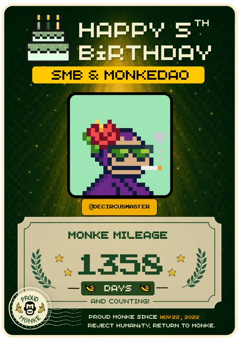 A digital poster celebrating a 5th birthday for SMB & MonkeDAO features a pixelated character wearing a rose and sunglasses, noting 'MONKE MILEAGE 1358 DAYS AND COUNTING!' and 'PROUD MONKE SINCE NOV 22, 2022'.