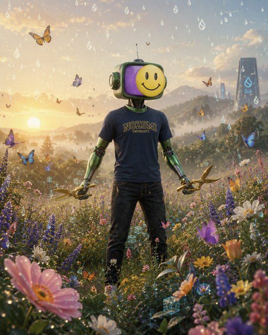 A robot with a smiley face TV head and green mechanical arms stands in a wildflower field at sunset, wearing a "NOZOMI UNIVERSITY" t-shirt while holding butterflies amid floating digital elements and a distant tower. The image evokes the AI agent theme of the post, with the robot symbolizing a personal assistant that learns and remembers across sessions—mirroring Walrus Protocol's Memory concept of transforming contextual awareness into a persistent, ownable asset.