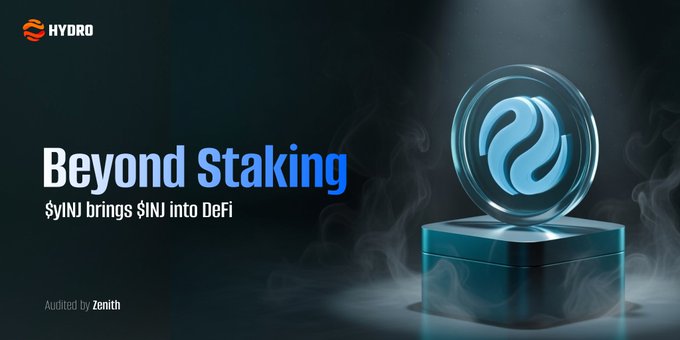 A promotional banner for Hydro reads "Beyond Staking — $yINJ brings $INJ into DeFi" (audited by Zenith), featuring a glowing Hydro coin on a pedestal, visually reinforcing the post's message that $yINJ transforms $INJ from passive staking into productive, multi-market DeFi capital.